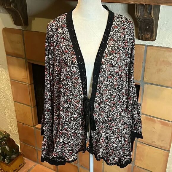 Free People Lola Kimono sheer black red floral, S! - Picture 1 of 12